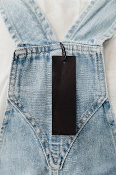 Close-up of blue denim overalls with a blank black tag for mockup purposes.