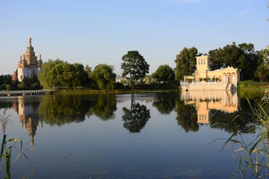 Beautiful reflection of Tsaritsyn Pavilion on a tranquil pond in Saint Petersburg, Russia.
