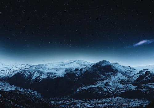 Aerial Photography of Snow-Covered Mountains during Nighttime