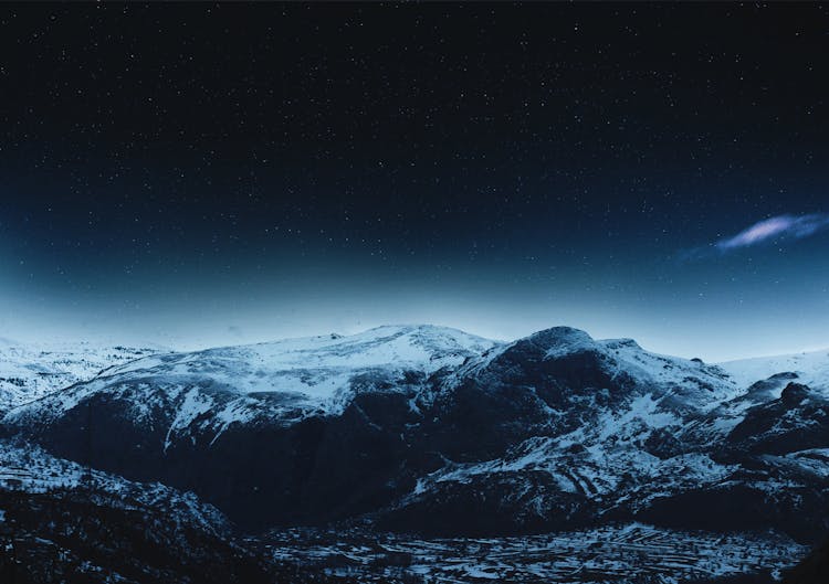 Aerial Photography Of Snow-Covered Mountains During Nighttime