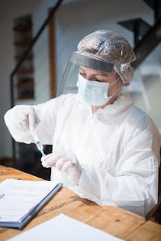 Healthcare professional in protective gear preparing a vaccine dose at a desk indoors.
