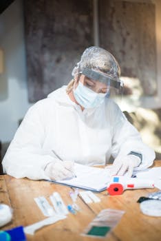 Healthcare professional in protective gear writing at a wooden desk inside a clinic.