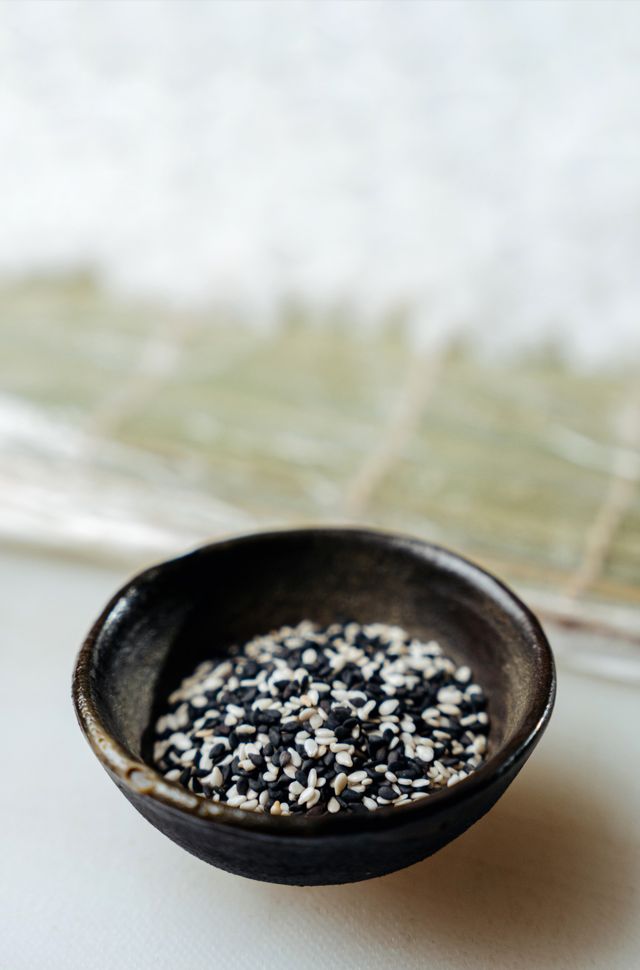 Black sesame seeds in a ceramic bowl, Z-black variety