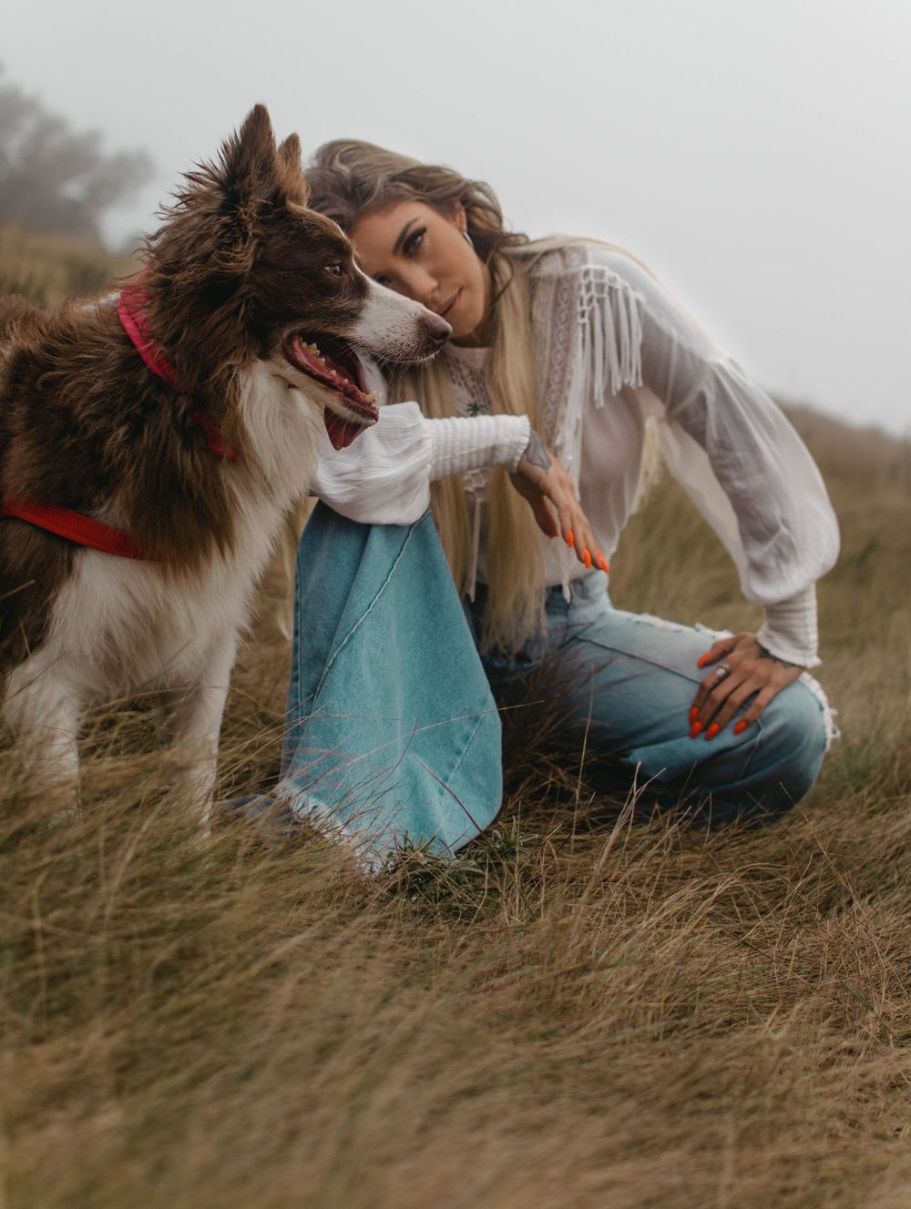 An owner and her border collie during a portrait session in a misty field