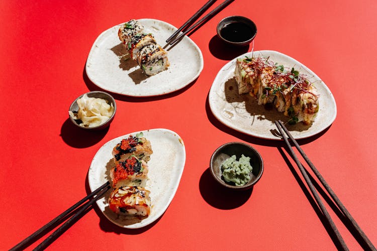 Close-Up Shot Of Sushi On A Red Surface