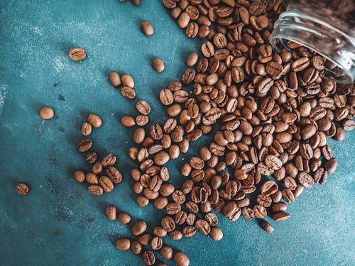 Scattered Coffee Beans on Blue Surface