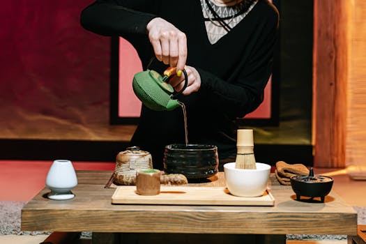 A detailed view of a traditional Japanese tea ceremony with teapot and utensils.