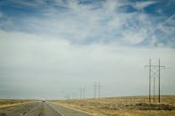 广阔的蓝天下，电线沿着孤独的沙漠高速公路延伸