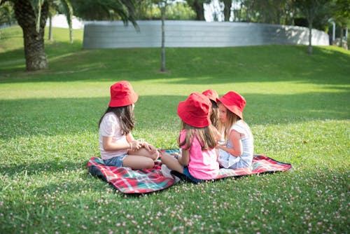 Kids Sitting on Green Grass Field