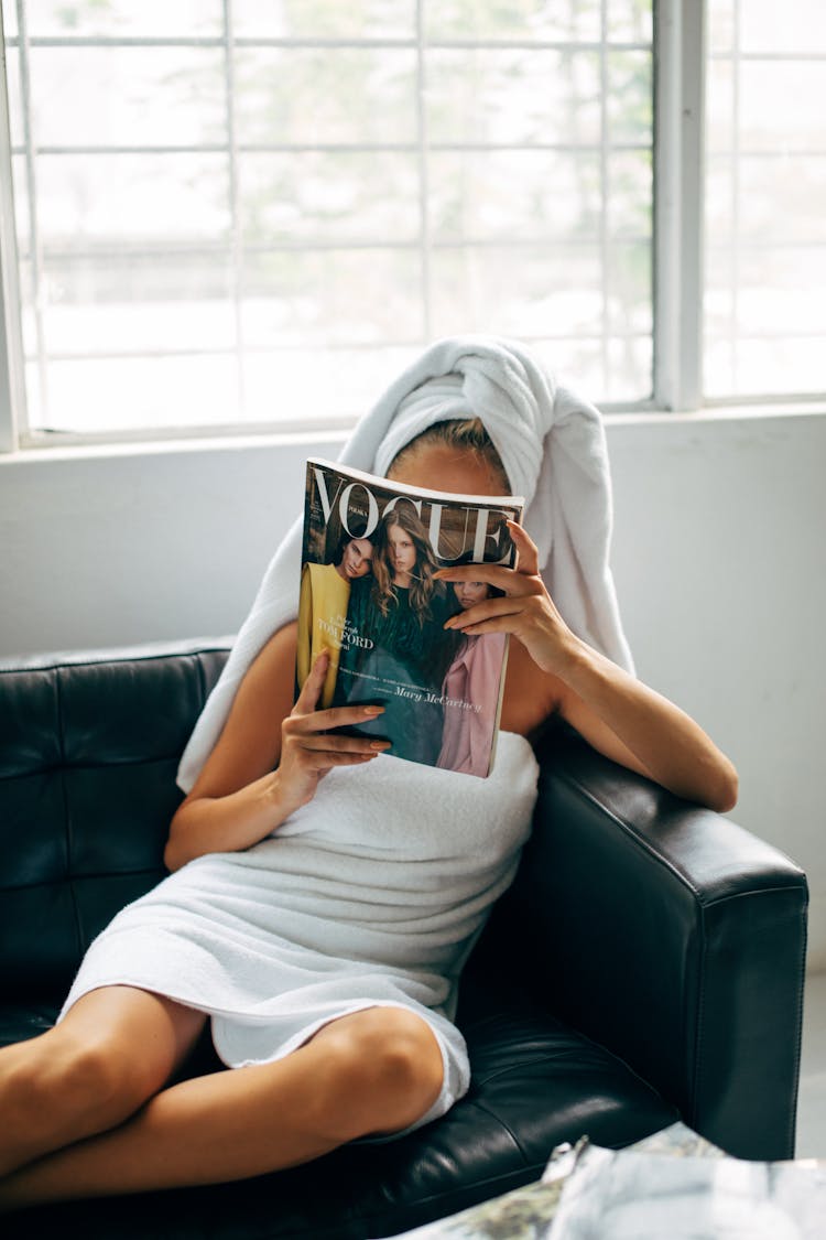 Woman Reading Vogue Magazine After Bath