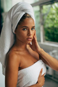 Portrait of a woman wrapped in a towel, enjoying natural light indoors.