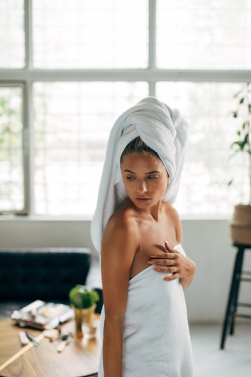 Free Woman Covered in White Towel after Bath Stock Photo