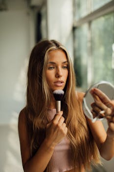 Woman applying makeup using a hand mirror, enjoying natural lighting.