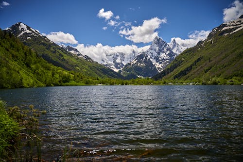 A Lake near the Mountains under a Blue Sky 