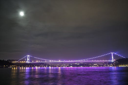 月光照亮城市水面的吊桥夜色格外美丽