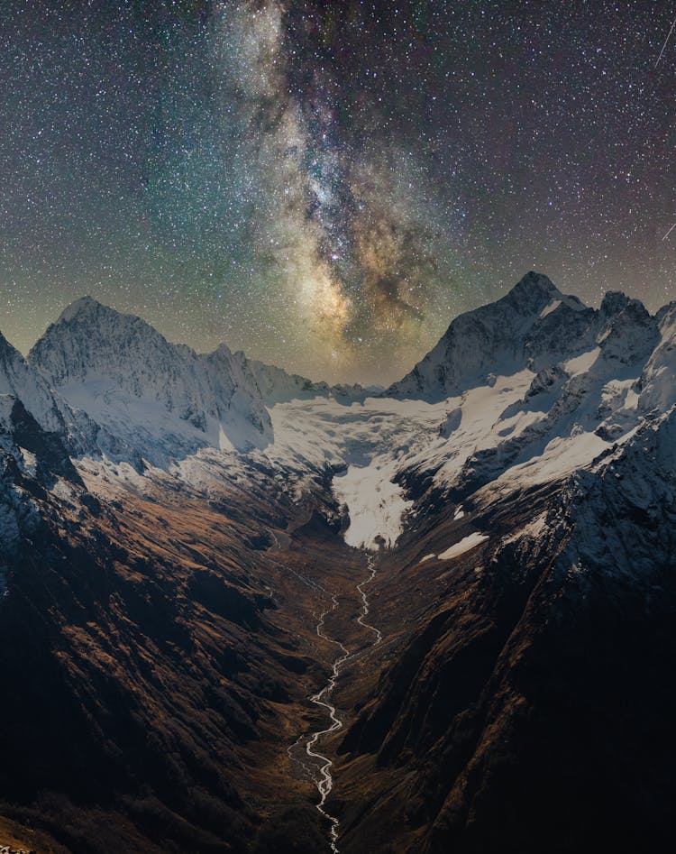 Snow Capped Mountains Under Starry Sky