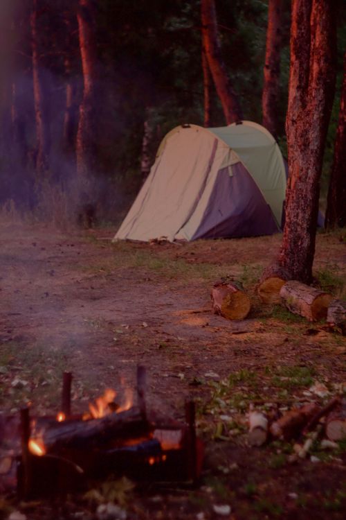 Free Peaceful evening camping in a Russian forest with a glowing campfire and tent. Stock Photo