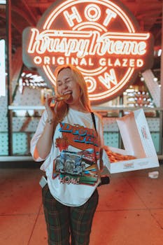 Young woman eating a delicious donut near a Krispy Kreme neon sign. Vibrant night scene.