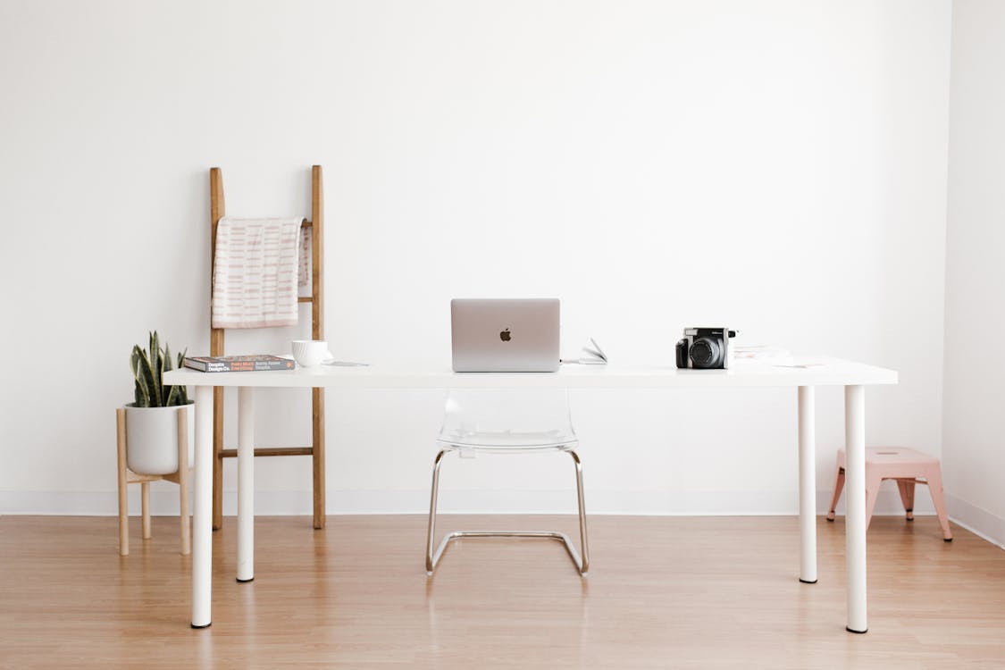 AESTHETIC MINIMALIST OFFICE DESK WITH LAPTOP