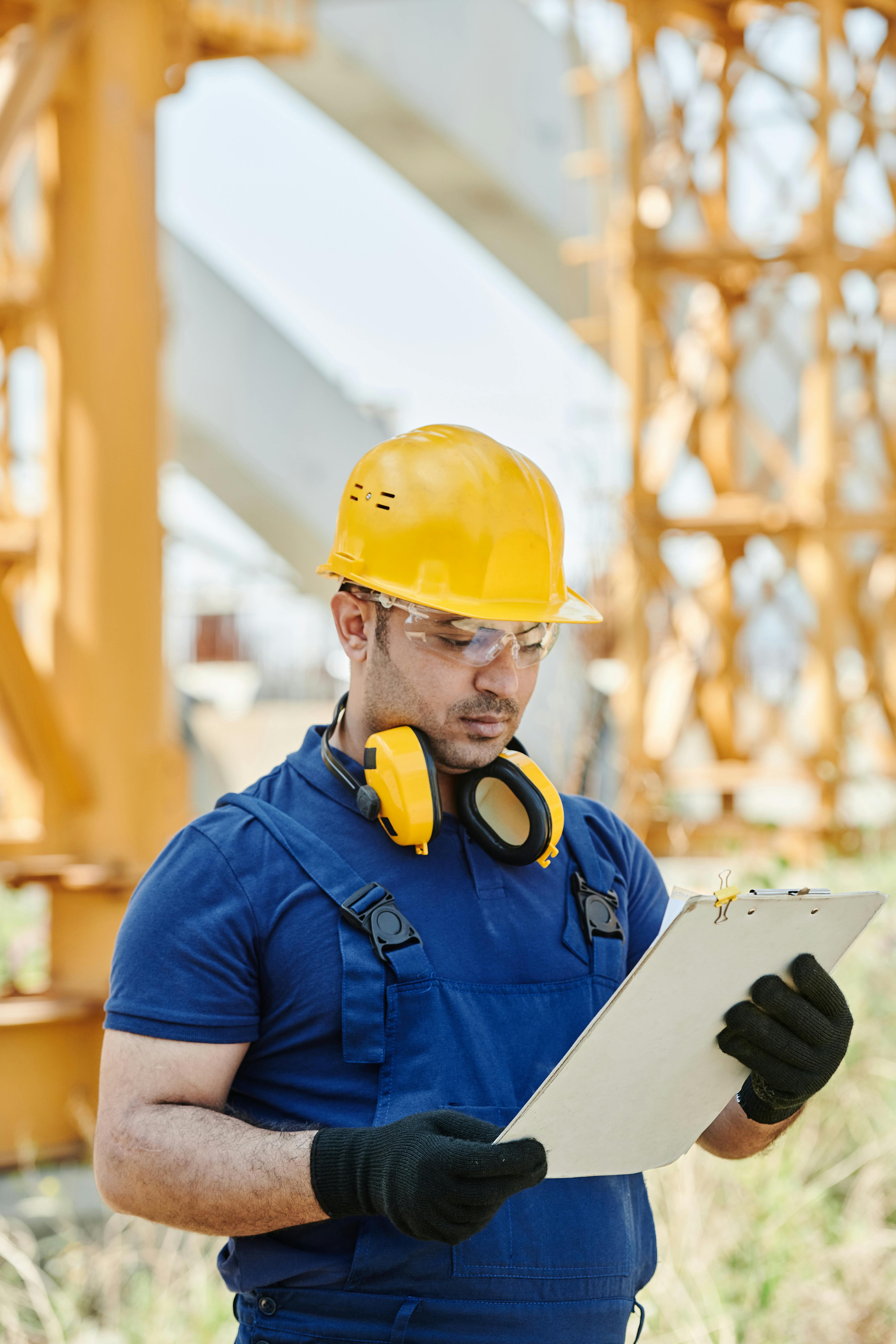 man in blue polo shirt wearing yellow hard hat holding a clipboard