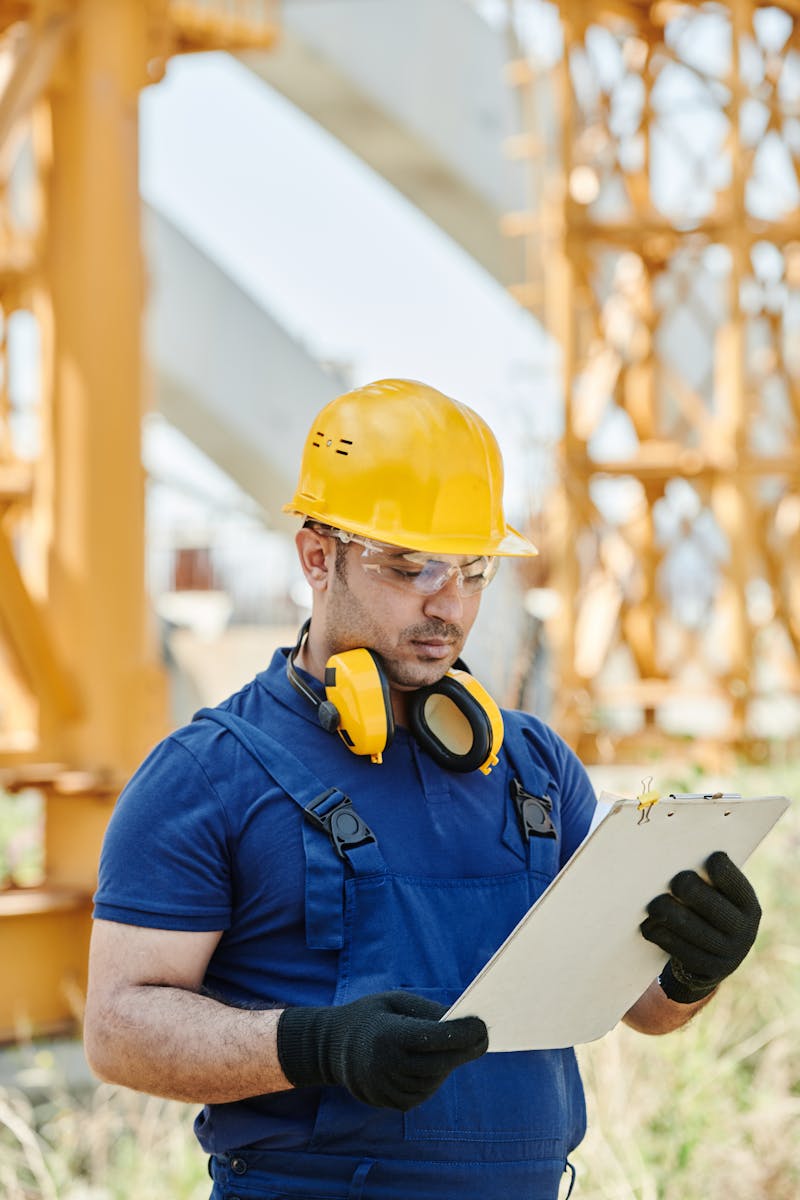Contractor in a blue polo shirt and yellow hard hat holding a clipboard at a construction site