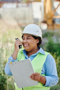 Female engineer with hard hat and walkie talkie at construction site.