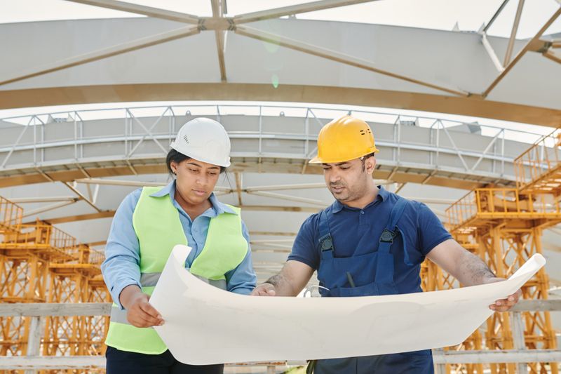 Engineers reviewing plans together