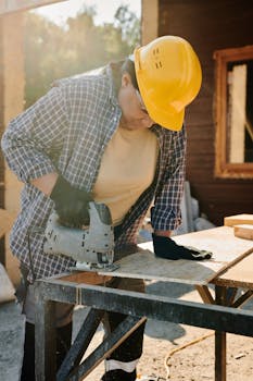 Female carpenter using a jigsaw at an outdoor construction site, wearing safety gear.