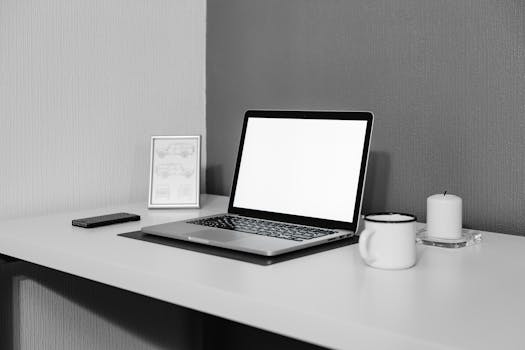 A modern minimalistic desk setup with a laptop, ceramic cup, and candle for a serene workspace.