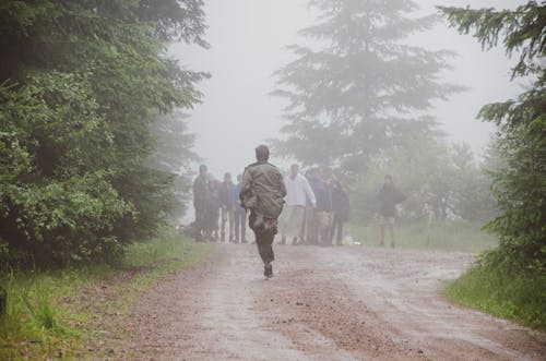 People Walking on Dirt Road Between Green Trees