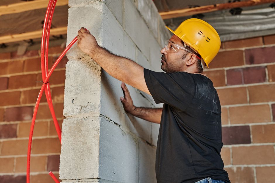 Electrician wearing safety gear working on electrical installation