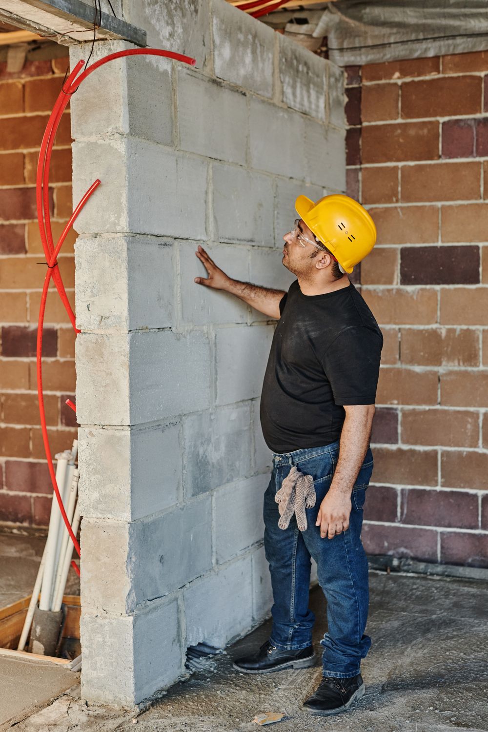 Worker inspecting brick wall
