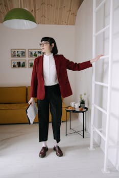 Young woman in a modern apartment with chic decor, holding a real estate document.