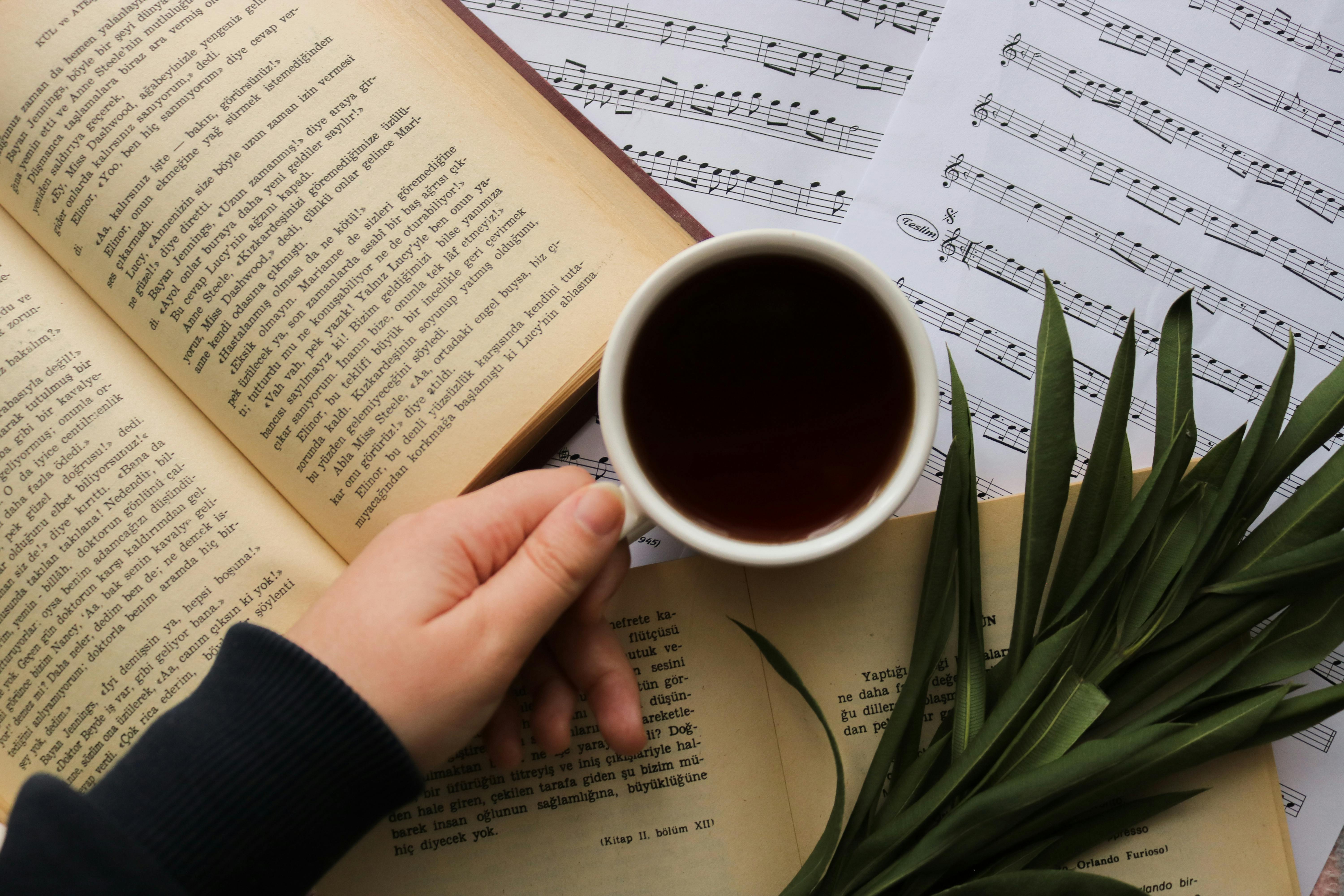 A Cup of Coffee and an Open Book over a Knitted Sweater · Free Stock Photo