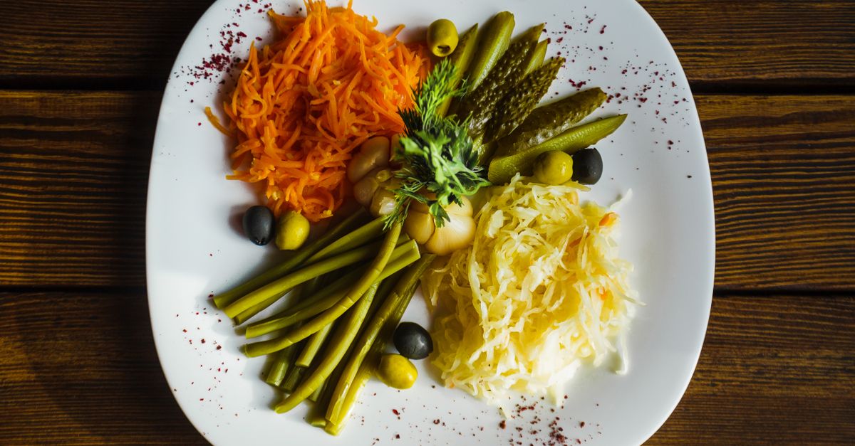fermented foods kimchi kefir sauerkraut flat lay