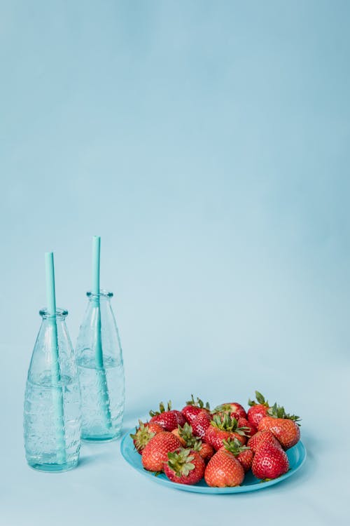 Free Red Strawberries on Blue Plate Stock Photo