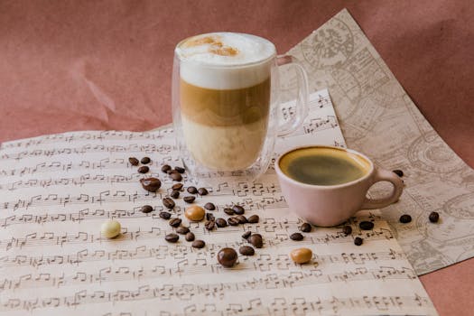Aesthetic still life of coffee drinks with beans on sheet music backdrop, creating a cozy, creative scene.