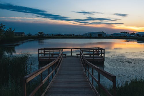 Wooden Dock on the Lake during Sunset