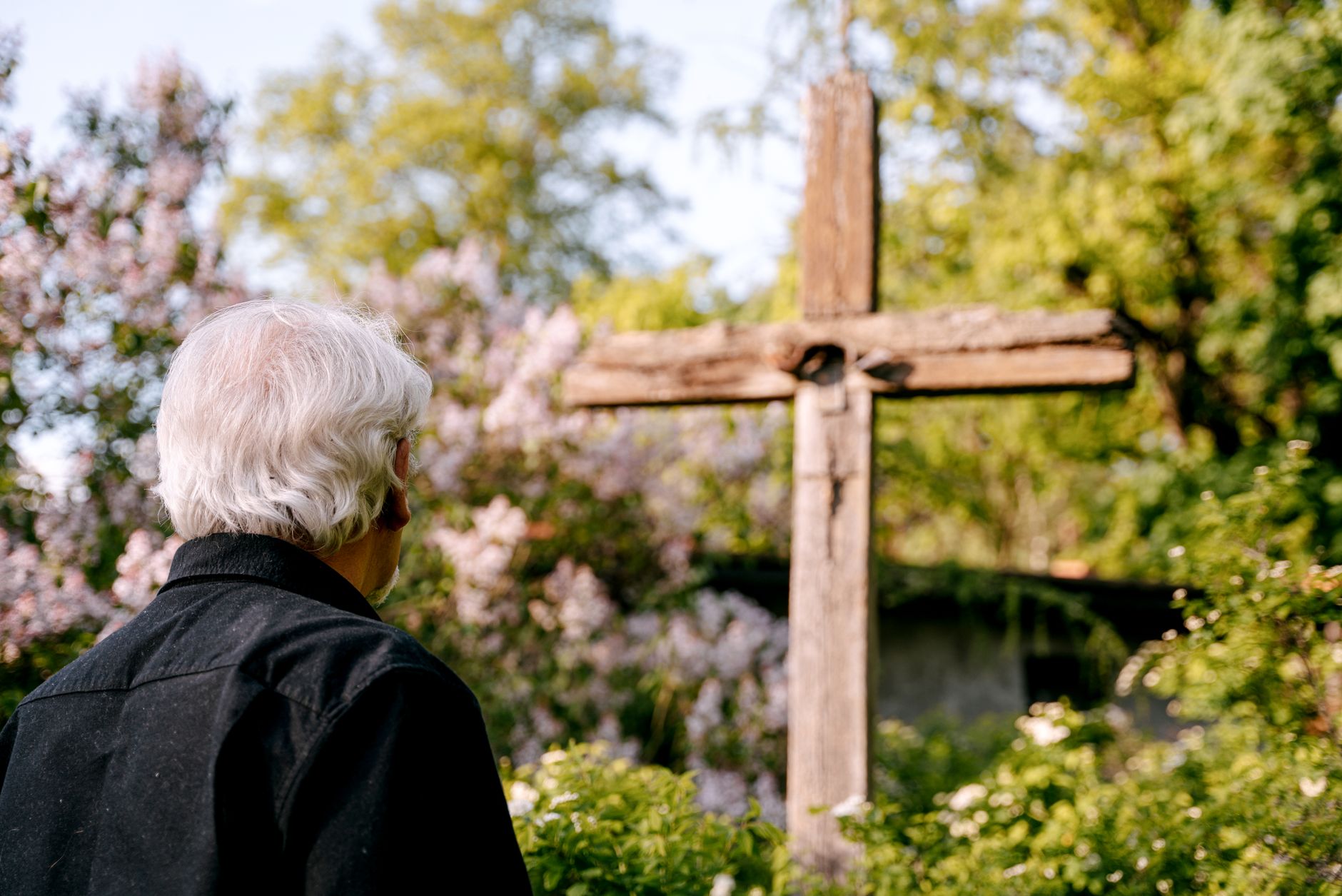 Elderly man with white hair reflecting at an outdoor wooden cross amidst blooming trees in a serene setting.