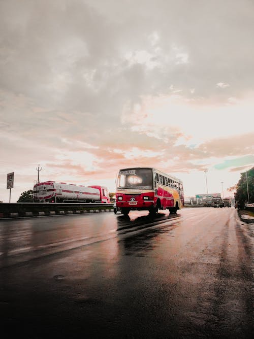 A Red Bus on a Highway