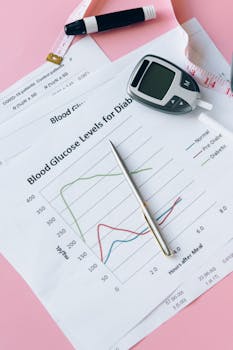 A still life of a glucometer, graphs, and pen on diabetes management.