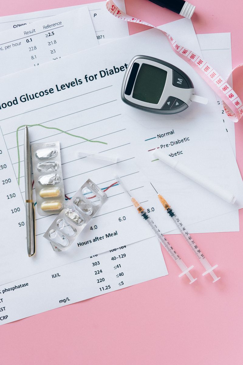 Glucometer, lancets and test strips laid out on paper