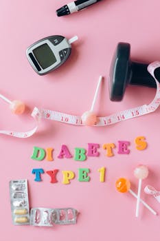 Creative display of diabetes type 1 essentials on a pink background.