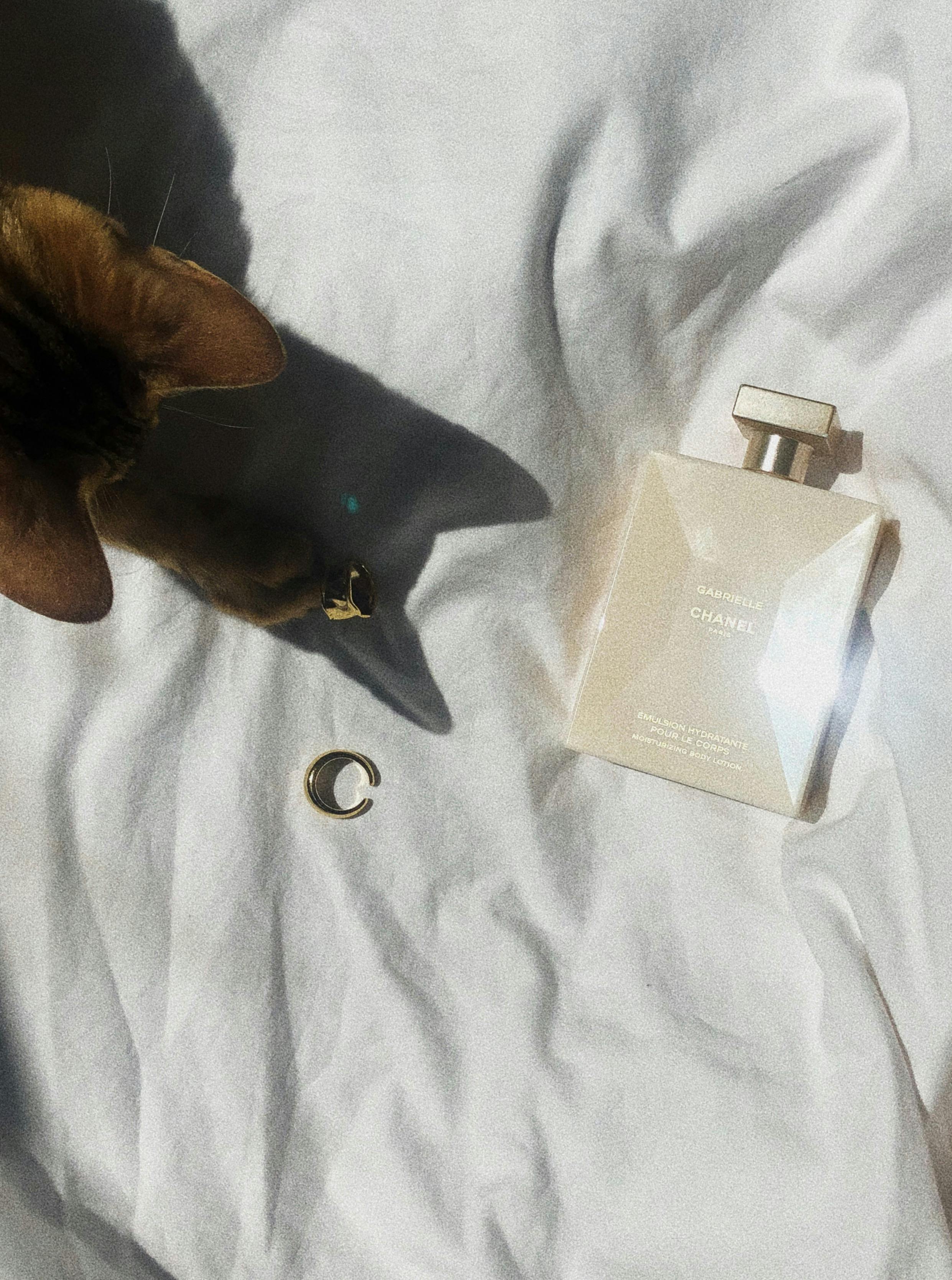 Chic composition featuring perfume bottle, cat, and shadow on white linen for a stylish touch.