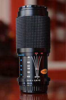 Detailed close-up of a telephoto camera lens with macro focus settings and blurred background.
