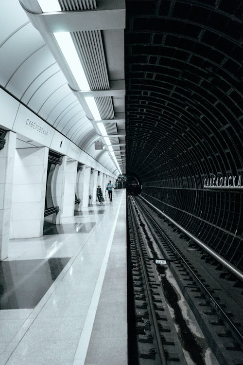 Black and White Photo of a Railway Station