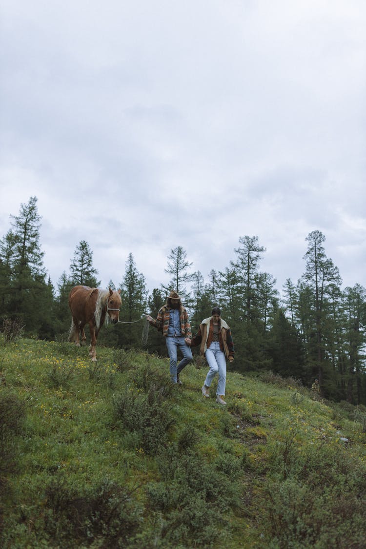 Couple Walking With A Horse