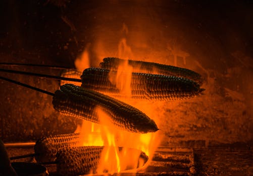 Close-up of corncobs roasting over an open flame in warm lighting.