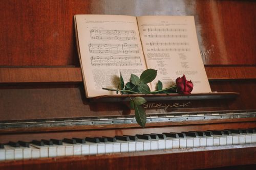 Free A close-up of piano keys with an open music book and a red rose, creating a romantic ambiance. Stock Photo