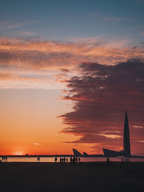 Silhouettes of People on Beach on Sunset